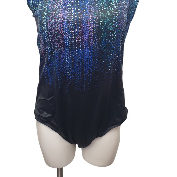 Aquabella Maillot Eng High Neck Blue Raindrops Swimsuit New - Picture 5 of 5